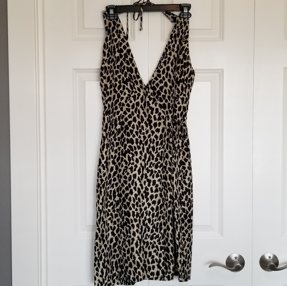 Laundry Shelli Segal tan & black silk animal print wrap halter dress SZ 8